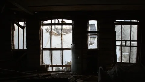 Large and small windows of an abandoned house, interior Stock Footage 123110758