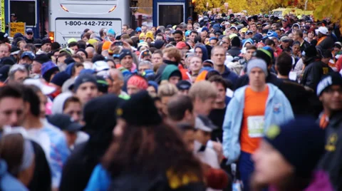 Large anonymous city crowd, marathon start line Stock Footage 32845338