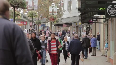 Large Anonymous Crowd Walking on a Busy Lichfield Town Centre Precint Street Video stock 42906797