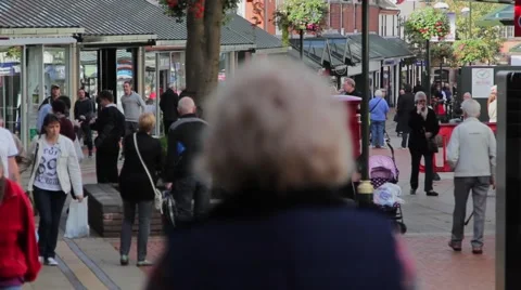 Large Anonymous Crowd Walking Busy Lichfield Town Centre Precinct Street Stock Footage 42906892