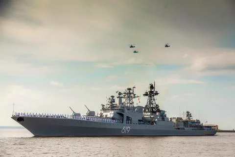 A large anti-submarine ship Severomorsk near Kronstadt. Stock Photos