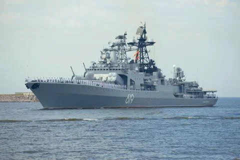 Large anti-submarine ship "Severomorsk" takes part in a military parade Stock Photos