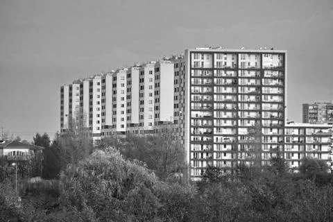 Large apartment building from the Soviet Union in a residential area on Sunny Stock Photos