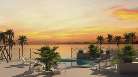 Large area with a pool and in front of the hotel near the sea. Stock Footage 152368302