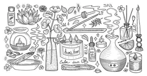Large aromatherapy sketch set with candles, diffuser, oils, spa elements, and Stock Illustration