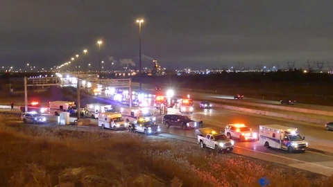 Large Array Of Emergency Vehicles On Scene Of Highway Crash Stock Footage 76751193
