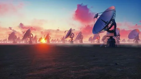 Large Array Radio Telescope. Time-lapse of a radio telescope in desert at sunset Stock Illustration