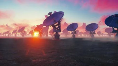 Large Array Radio Telescope. Time-lapse of a radio telescope in desert at sunset Stock Illustration