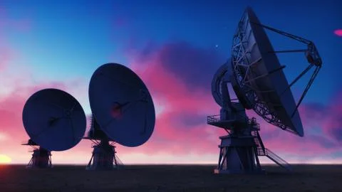 Large Array Radio Telescope. Time-lapse of a radio telescope in desert at Stock Illustration