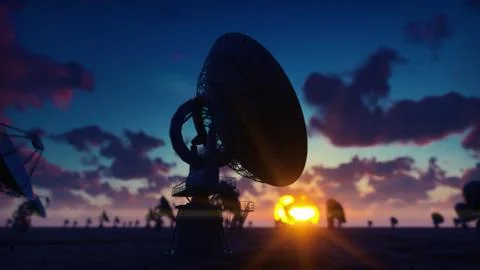 Large Array Radio Telescope. Time-lapse of a radio telescope in desert at Stock Illustration