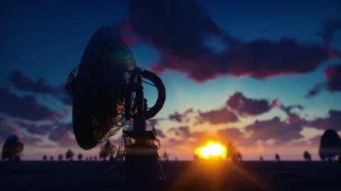Large Array Radio Telescope. Time-lapse of a radio telescope in desert at Stock Illustration