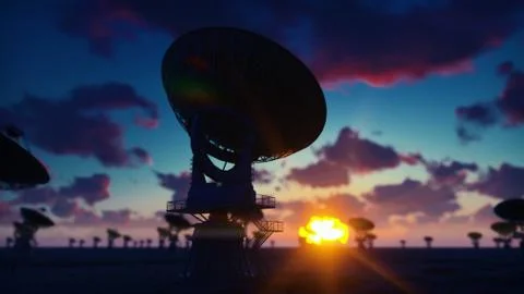 Large Array Radio Telescope. Time-lapse of a radio telescope in desert at Stock Illustration