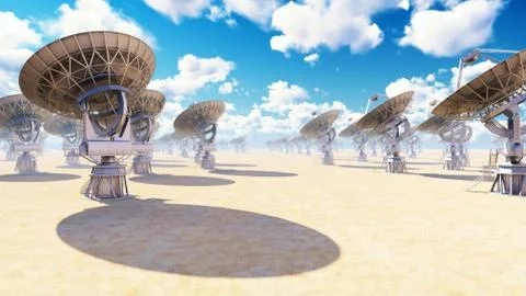 Large Array Radio Telescope. Time-lapse of a radio telescope in desert at sunny Illustrazione stock