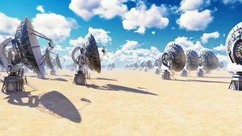 Large Array Radio Telescope. Time-lapse of a radio telescope in desert at sunny Stock Illustration