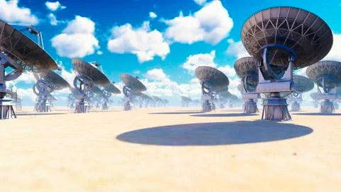 Large Array Radio Telescope. Time-lapse of a radio telescope in desert at sunny Illustrazione stock