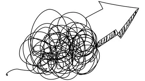 A large arrow growing from a tangled ball on a white background. Vector ill.. Stock Illustration