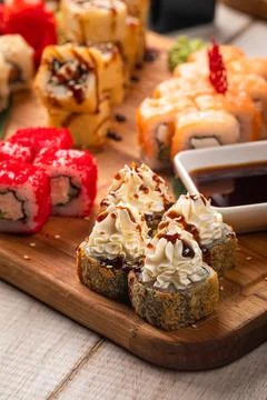 Large assorted sushi rolls platter set Stock Photos