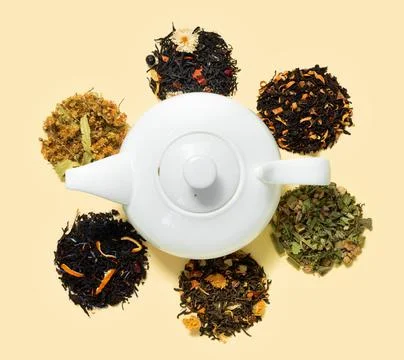 Large assortment of fresh fermented tea made from flowers, herbs, leaves and  Stock Photos