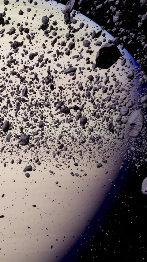 Large asteroid field near a planet in space with scattered rocks and debris Stock Footage 339043214