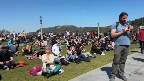 Large attendance at the Griffith Observatory in Los Angeles to watch the solar e Stock Footage 271311248
