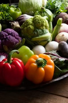 Large baking pan with fresh mixed colourful vegetables Stock Photos