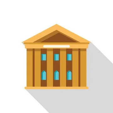 Large bank building with columns, a triangular roof and windows reflecting the Ilustración de archivo