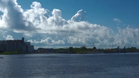 Large barge moving down Mobile bay Stock Footage
