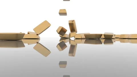 Large bars of gold fall from top to bottom onto a mirror surface and are Stock Footage 164704164