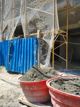 Large basins with cement on site Stock Photos