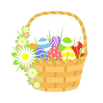 Large basket with Easter eggs and flowers. Clip art for the holiday of Easter Stock Illustration