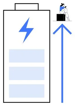 Large battery with lightning bolt and three charging bars, upward-pointing bl Stock Illustration