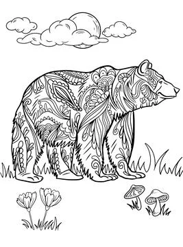 Large Bear Standing Side View On Grass Fields With Flowers Under Full Moon Line Illustrazione stock