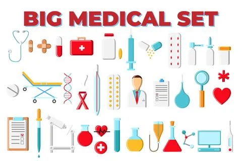 A large beautiful bright colored set of medical items and tools of a pharma.. 스톡 일러스트