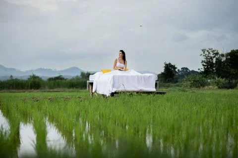 Large bed in the middle of rice field view from below, woman on it enjoying Stock Photos