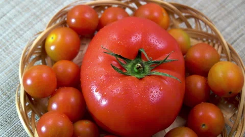 Large beefsteak tomato with colorful cherries in basket, rotating Vídeo Stock 344862375