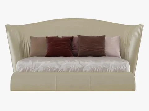 Large beige bed with a soft back and colored pillows front view 3D rendering Illustrazione stock