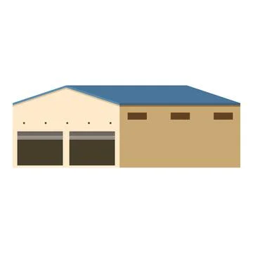 Large beige warehouse building with two garage doors Ilustración de archivo