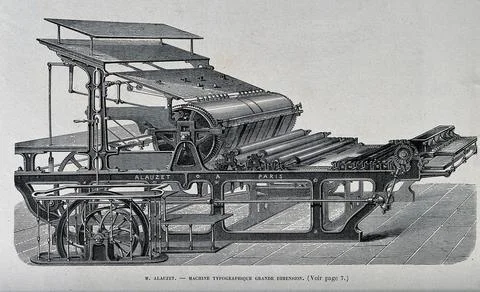 A large belt-driven printing machine, made by Alauzet of Paris. Wood engravin Illustrazione stock