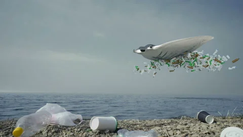 A large big manta ray, stingray, flies over the surface of the ocean surrounded Stock Footage 129734563