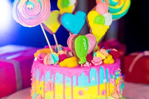 Large birthday cake on the table Stock Photos