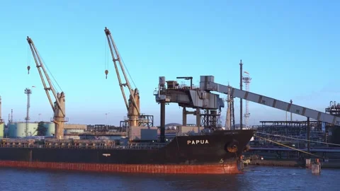 Large black cargo vessel equipped with tall deck cranes docked at port Stock Footage 345939706