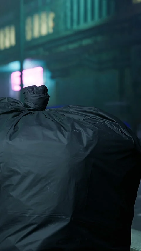 Large black garbage bag on a city street at night near buildings Stock Footage 334173379
