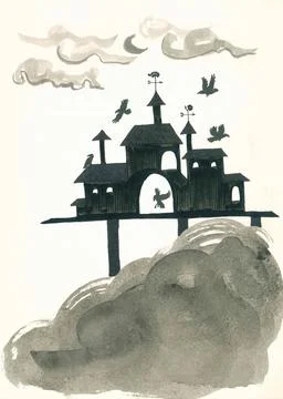 Large black house with white windows, weather vanes and crows Stock Illustration