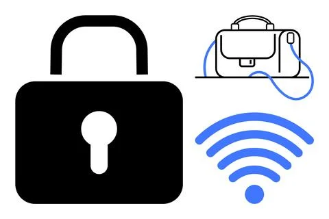 Large black lock, blue wireless symbol, and briefcase outline emphasize secur Stock Illustration