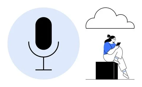 Large black microphone in blue circle with cloud above person reading on a mo Stock Illustration