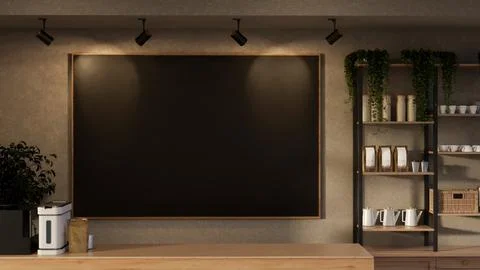 A large black picture poster frame mockup in a cozy contemporary coffee shop. Stock Illustration
