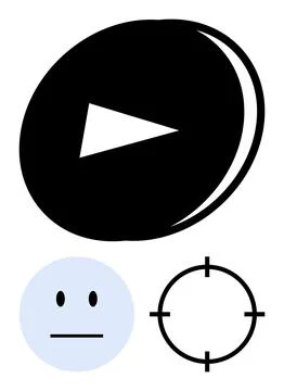 Large black play button with white triangle, neutral face emotion, and target Stock Illustration