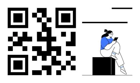 Large black QR code next to a young person with a bun sitting on a black bloc Stock Illustration