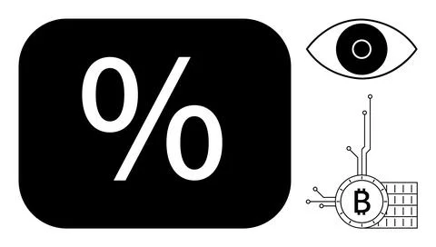 Large black rectangle with white percentage symbol. Eye graphic and Bitcoin i Illustrazione stock