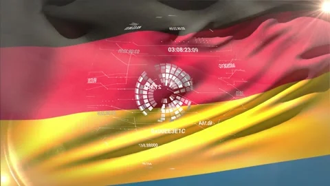 Large black red gold flag rippling obscuring holo globe as sun flare triggers Stock Footage 332978618